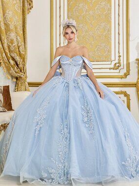 New Dusty Blue Off The Shoulder Floral Quinceanera Gown w/ Corset Bodice DQ 5094